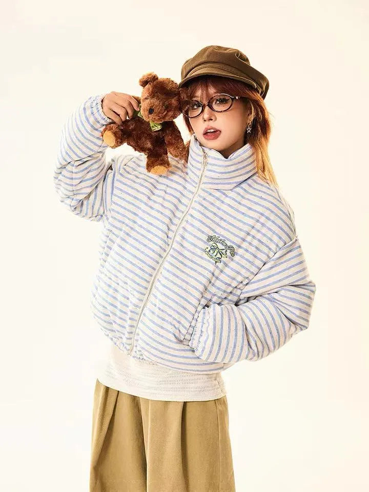 Retro Striped Stand Collar Puffer Jacket   OL2018