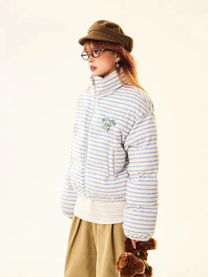 Retro Striped Stand Collar Puffer Jacket   OL2018