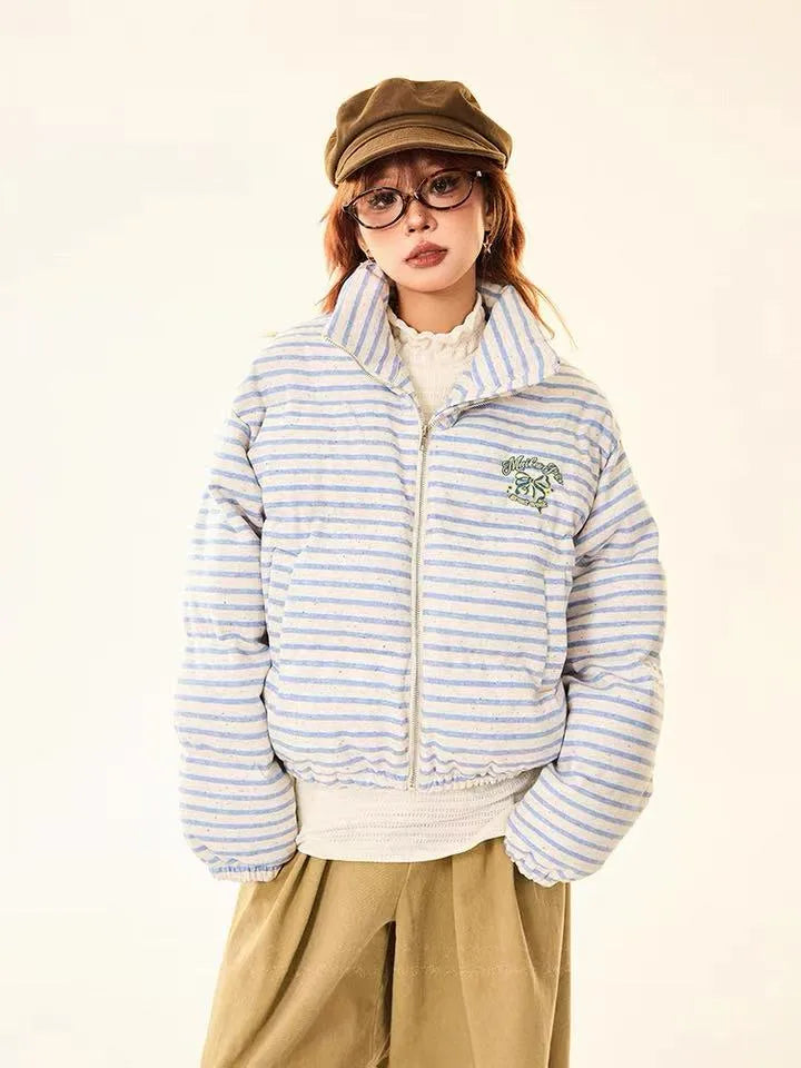 Retro Striped Stand Collar Puffer Jacket   OL2018