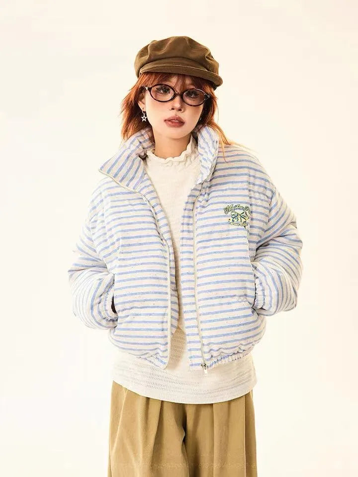 Retro Striped Stand Collar Puffer Jacket   OL2018