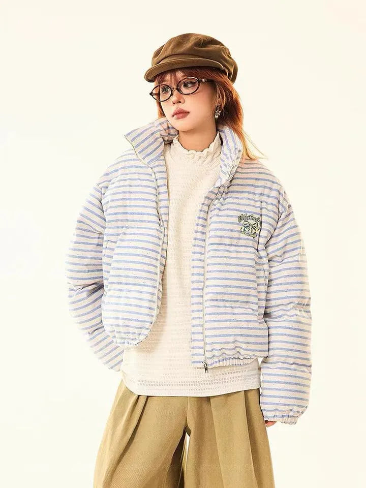 Retro Striped Stand Collar Puffer Jacket   OL2018