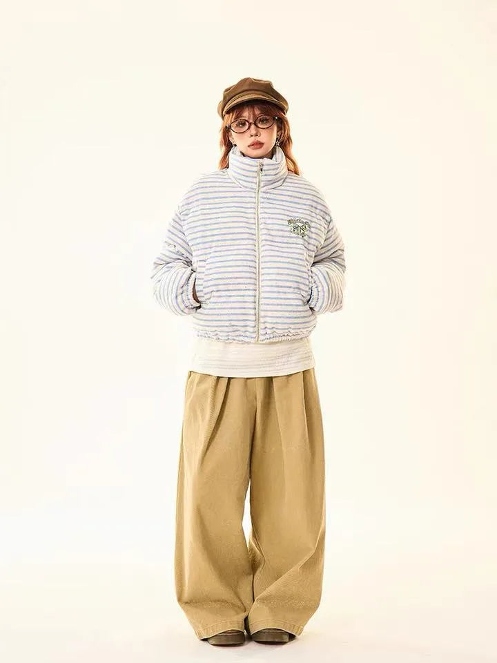 Retro Striped Stand Collar Puffer Jacket   OL2018