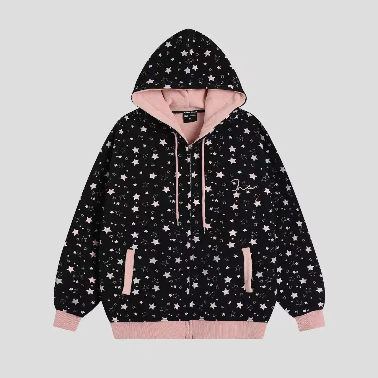 Vintage Star Print Fleece Zip Hoodie  OL2019