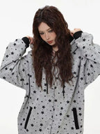 Vintage Star Print Fleece Zip Hoodie  OL2019