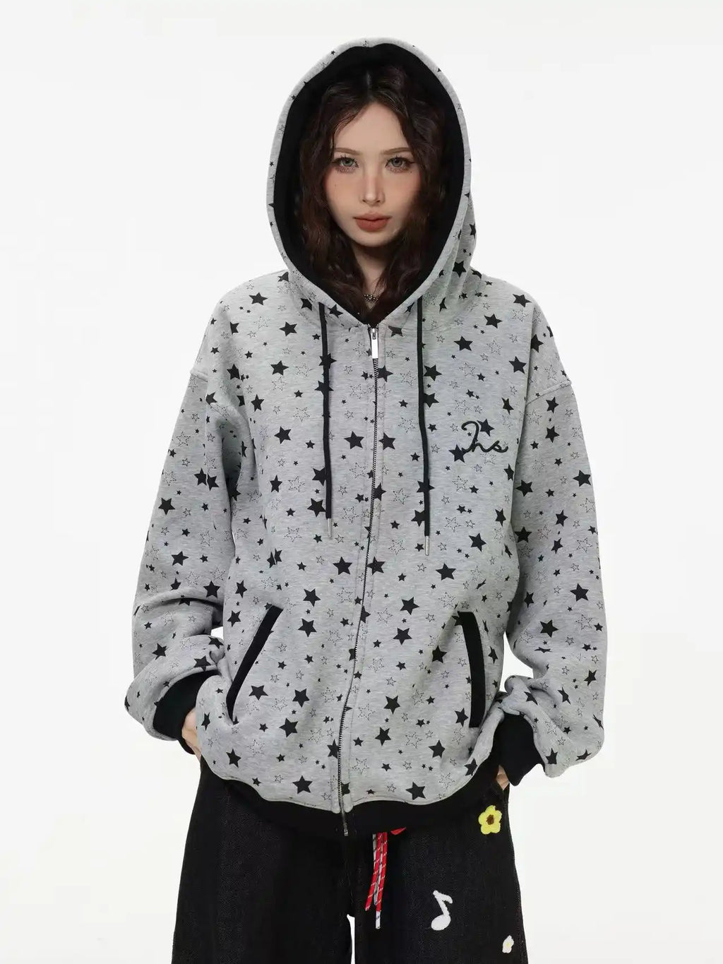 Vintage Star Print Fleece Zip Hoodie  OL2019