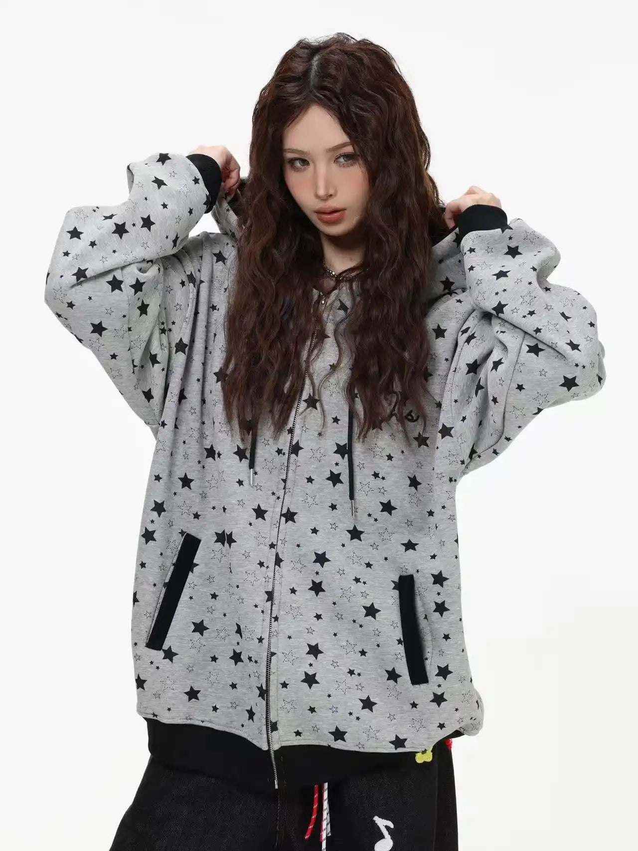 Vintage Star Print Fleece Zip Hoodie  OL2019