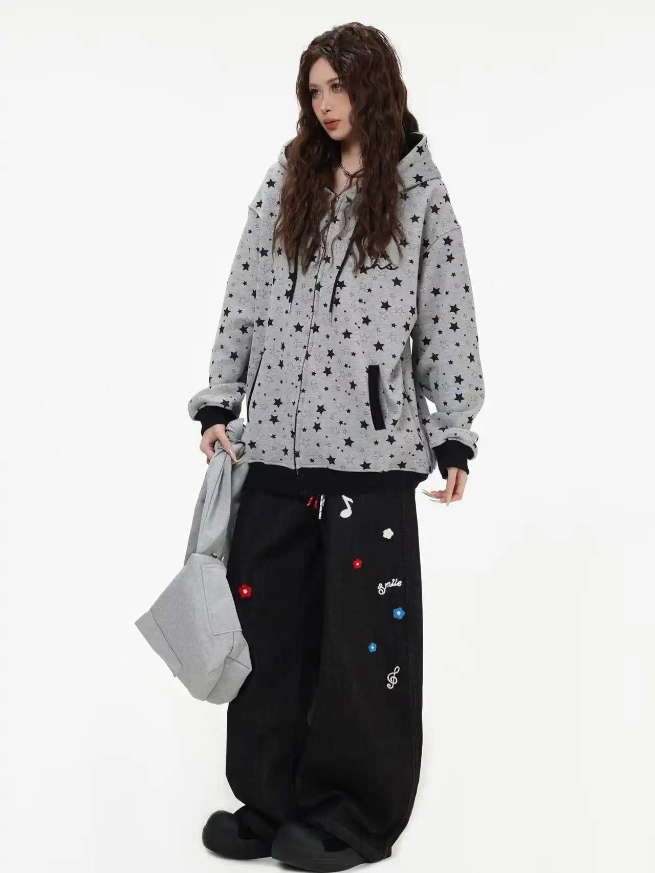 Vintage Star Print Fleece Zip Hoodie  OL2019