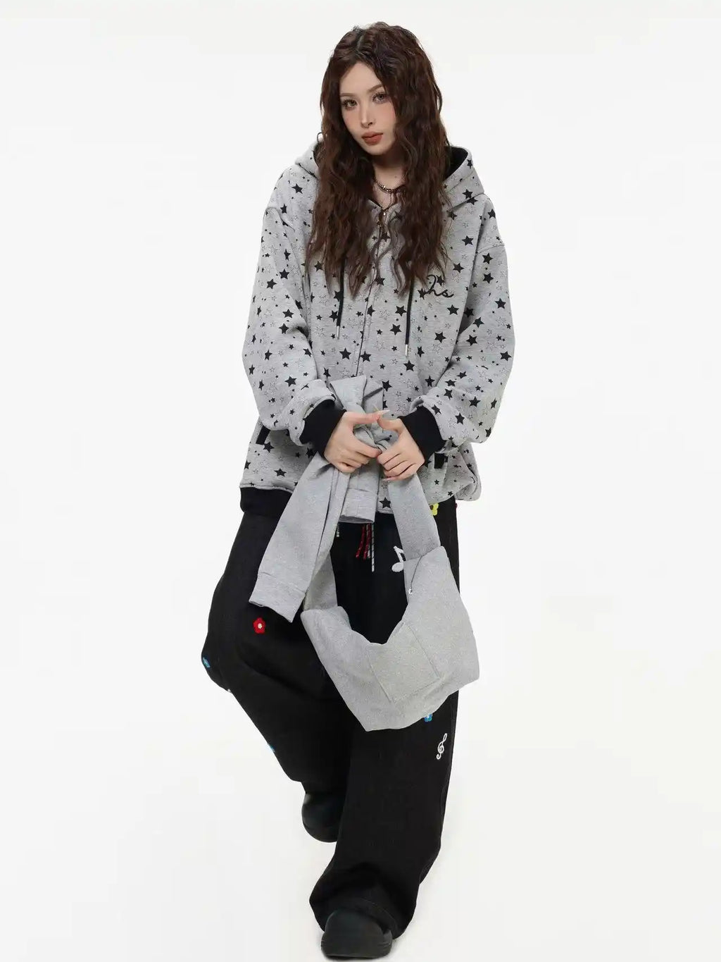 Vintage Star Print Fleece Zip Hoodie  OL2019