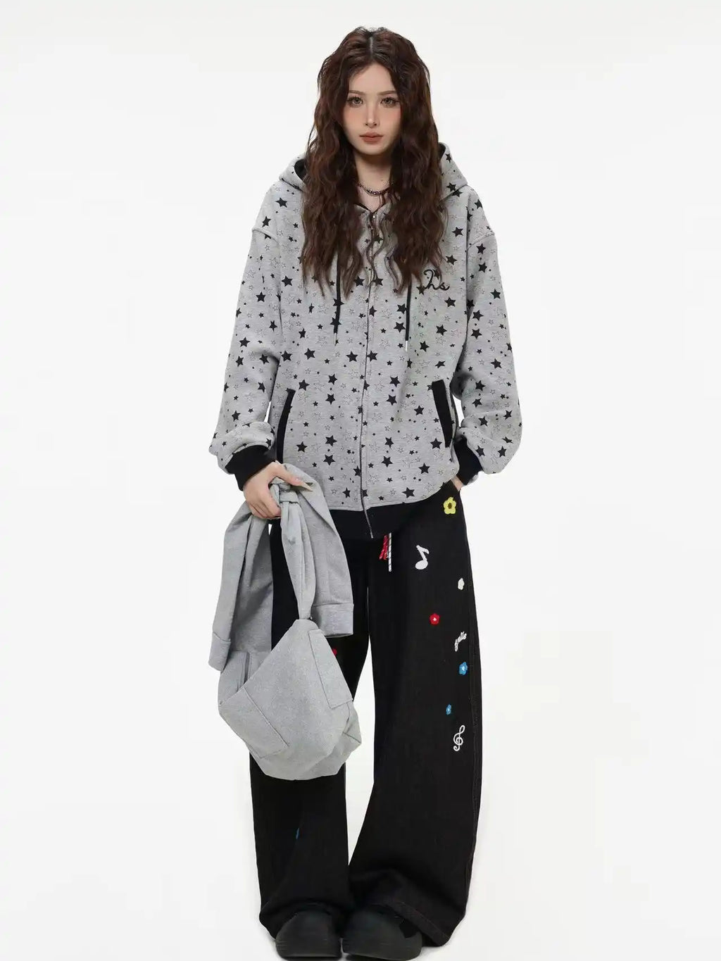 Vintage Star Print Fleece Zip Hoodie  OL2019