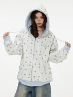 Vintage Star Print Fleece Zip Hoodie  OL2019