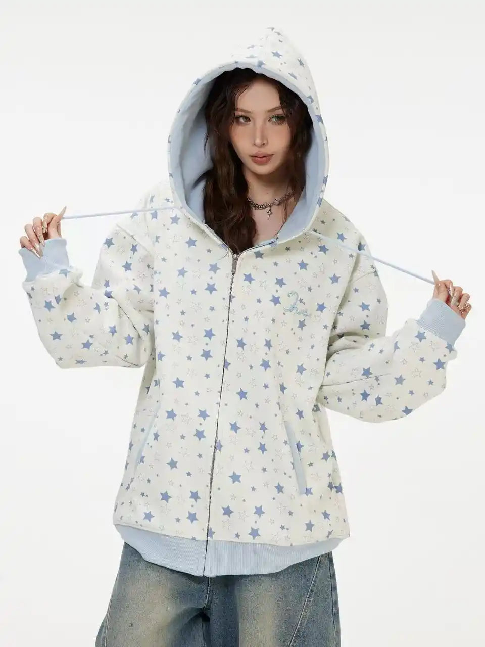 Vintage Star Print Fleece Zip Hoodie  OL2019