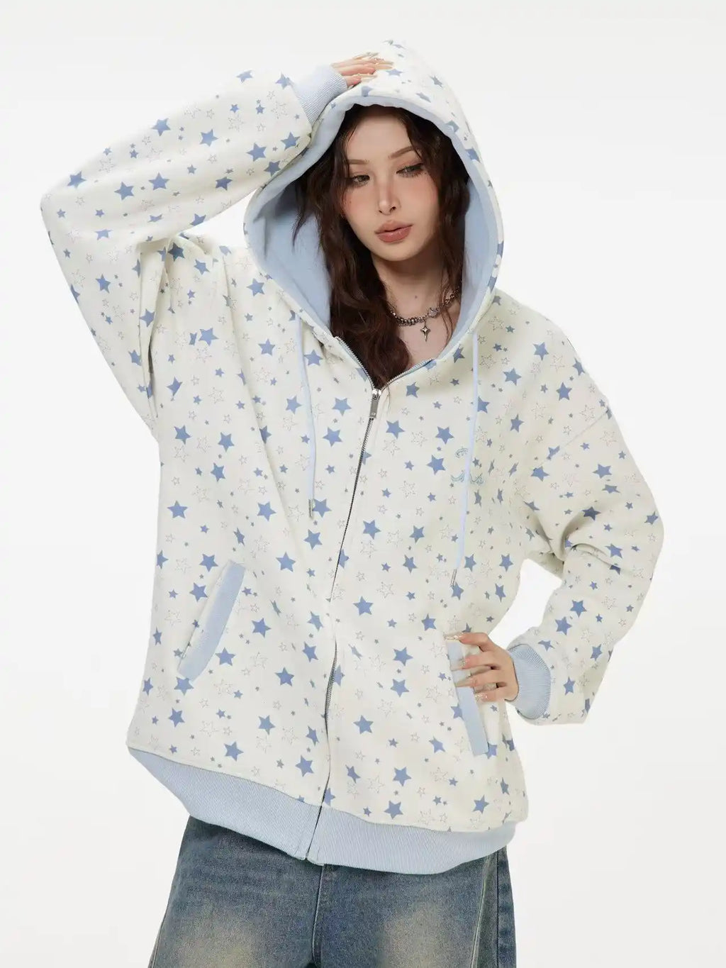 Vintage Star Print Fleece Zip Hoodie  OL2019
