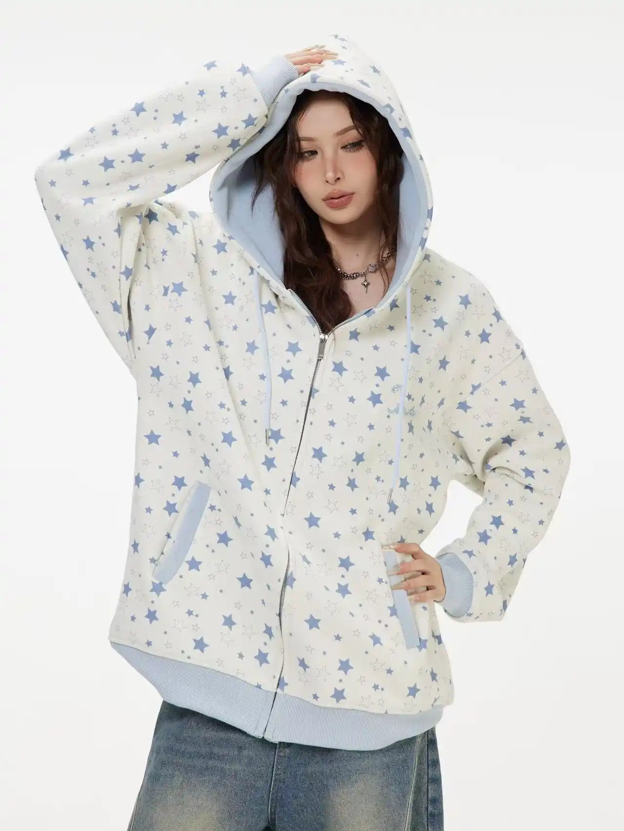 Vintage Star Print Fleece Zip Hoodie  OL2019