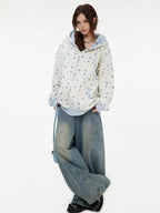 Vintage Star Print Fleece Zip Hoodie  OL2019