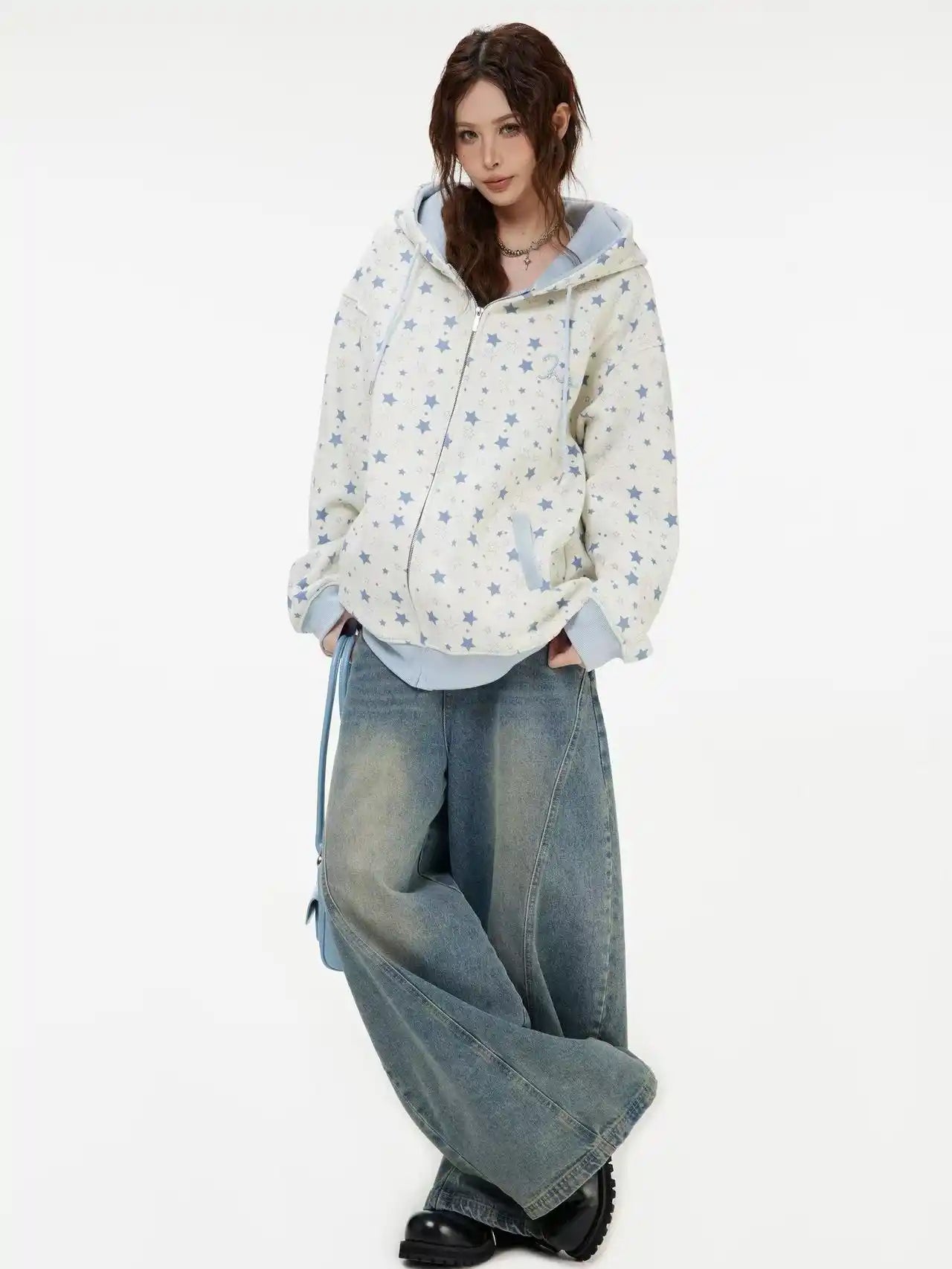 Vintage Star Print Fleece Zip Hoodie  OL2019