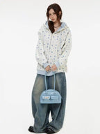 Vintage Star Print Fleece Zip Hoodie  OL2019