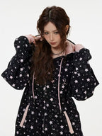 Vintage Star Print Fleece Zip Hoodie  OL2019