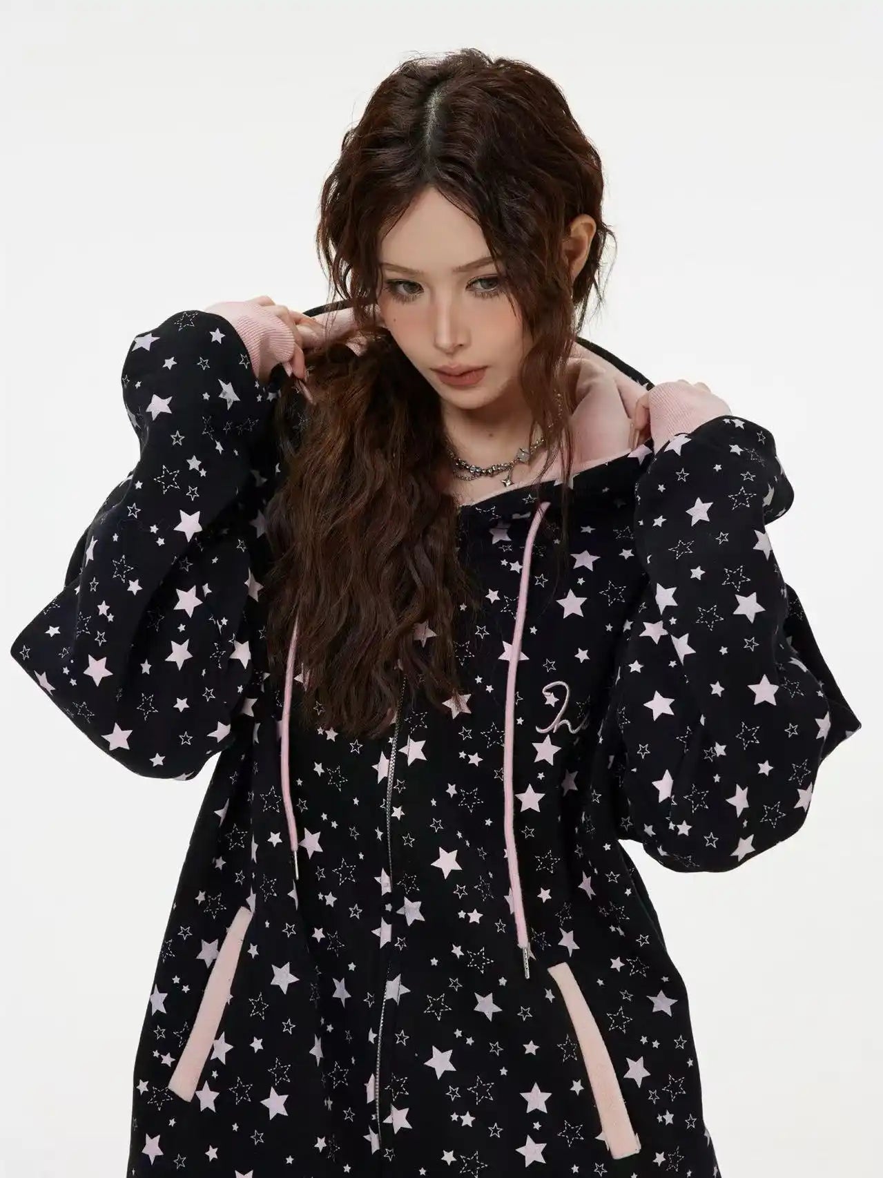 Vintage Star Print Fleece Zip Hoodie  OL2019