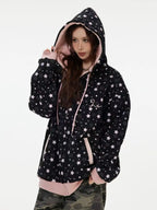 Vintage Star Print Fleece Zip Hoodie  OL2019