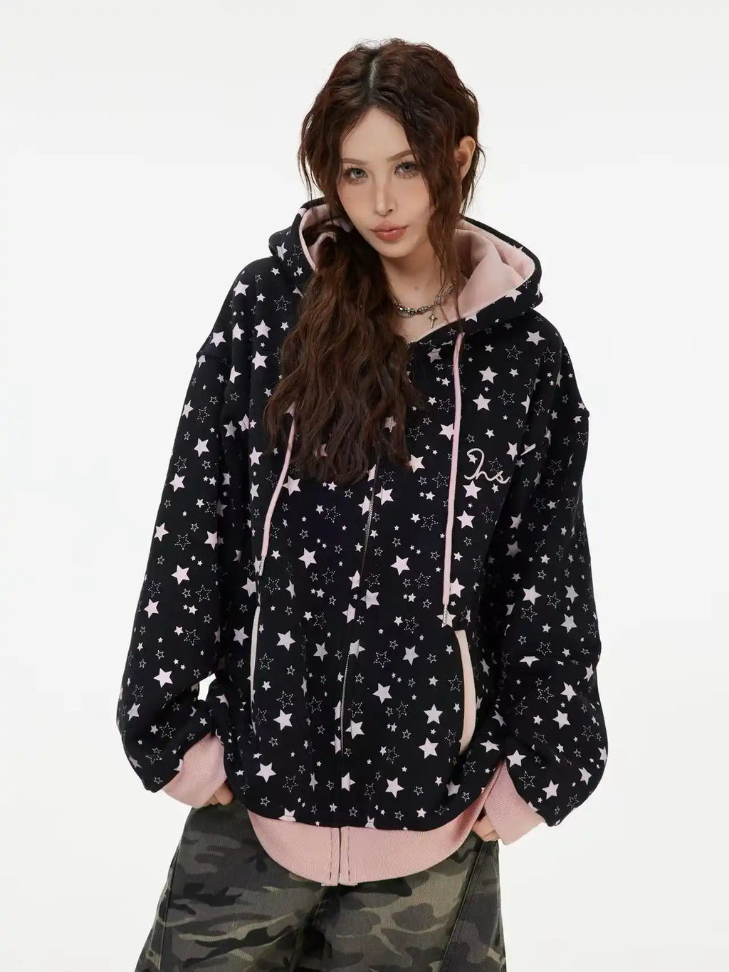 Vintage Star Print Fleece Zip Hoodie  OL2019
