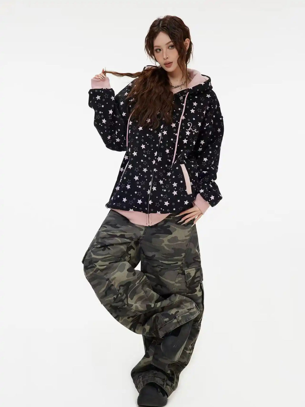 Vintage Star Print Fleece Zip Hoodie  OL2019