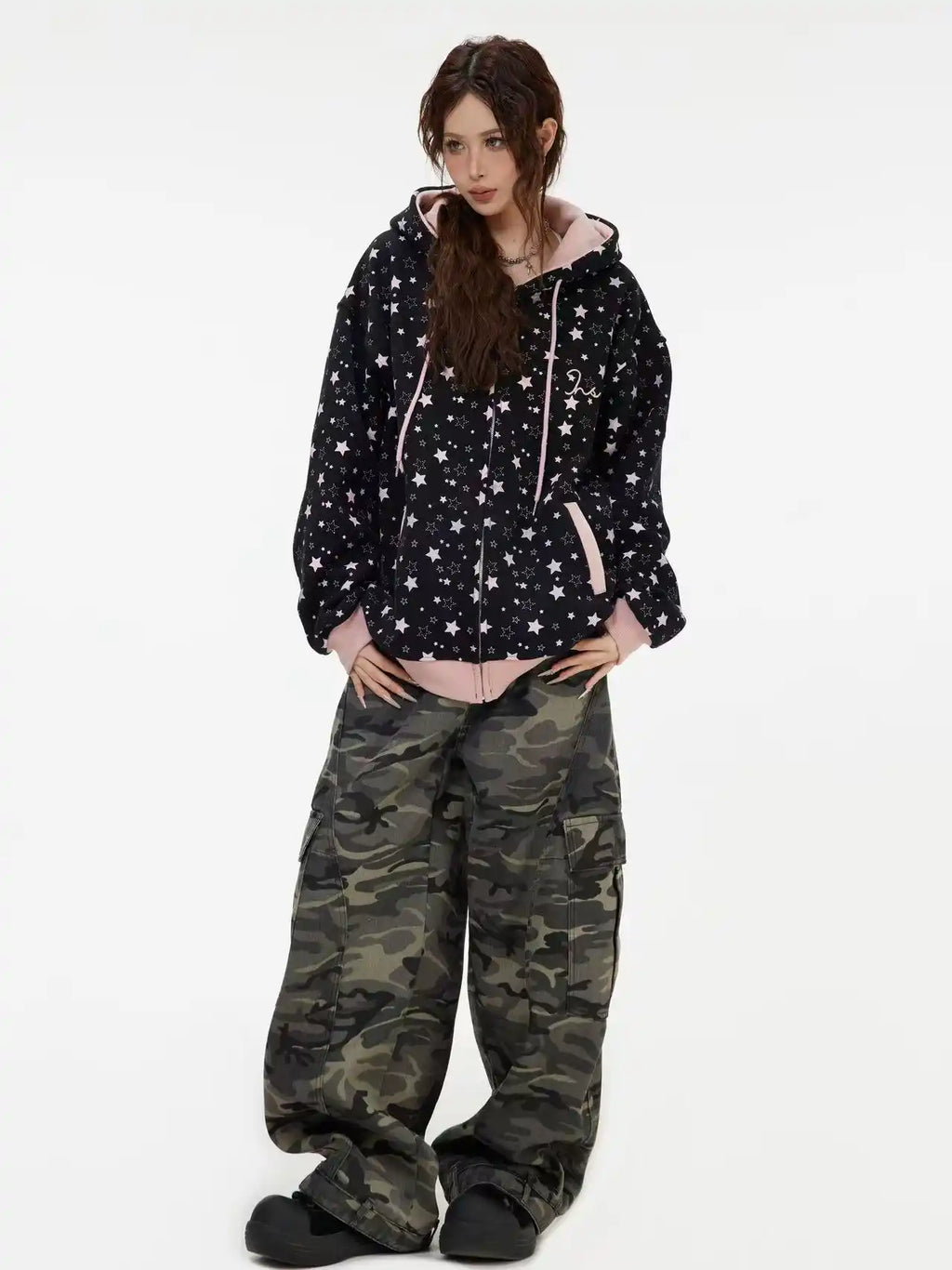 Vintage Star Print Fleece Zip Hoodie  OL2019