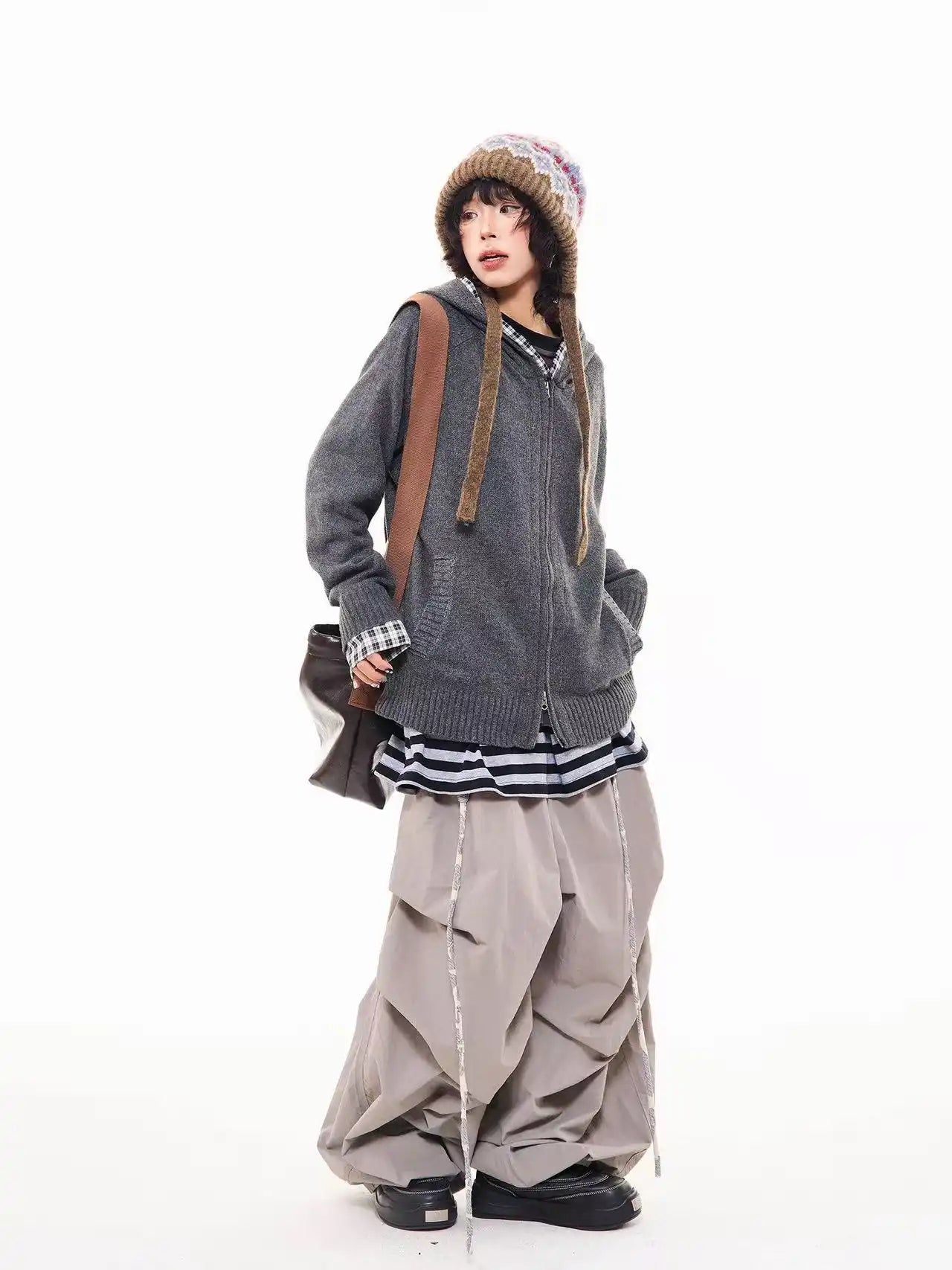 Vintage Check Patchwork Hooded Knit Jacket   OL2023