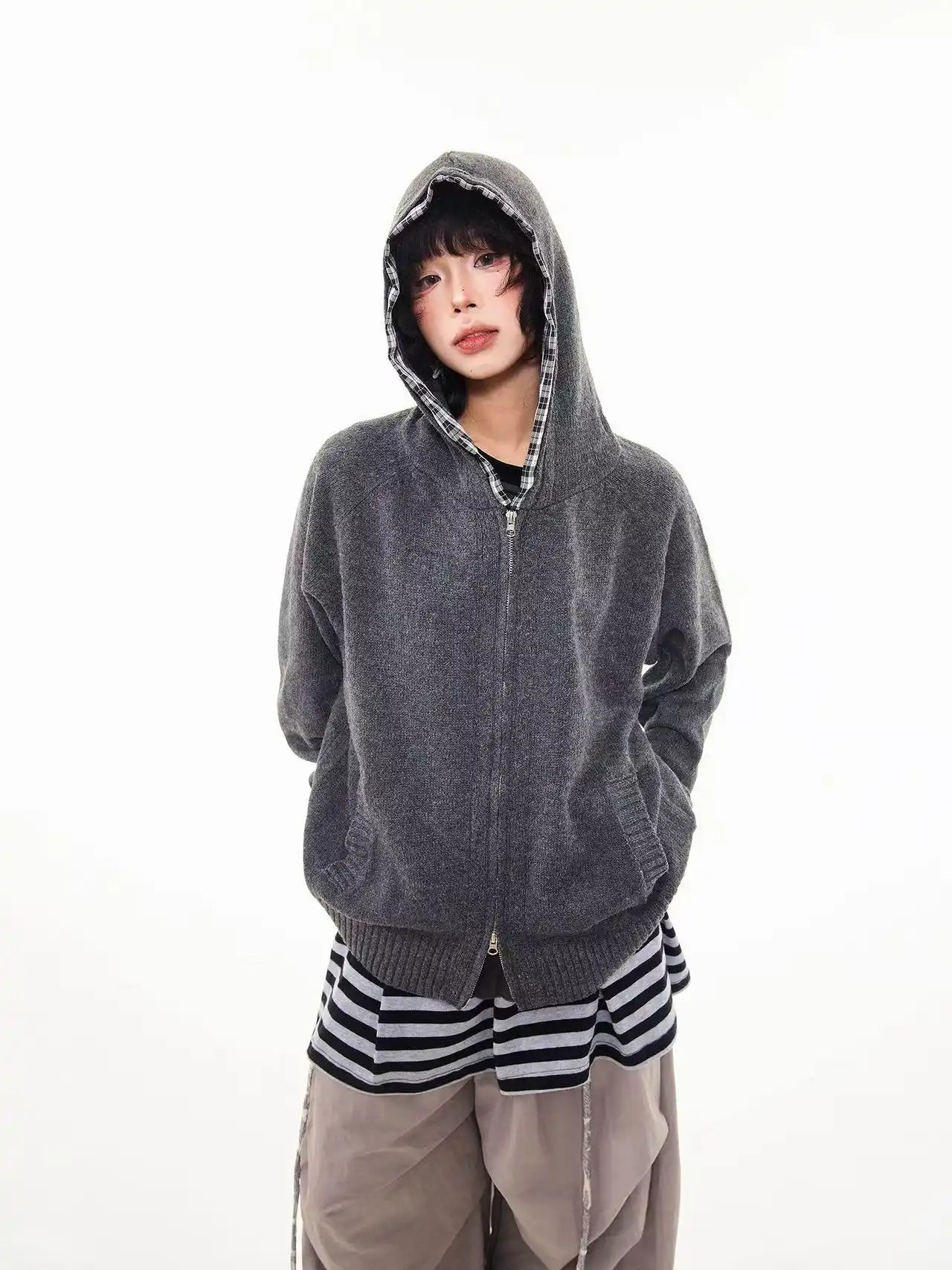 Vintage Check Patchwork Hooded Knit Jacket   OL2023