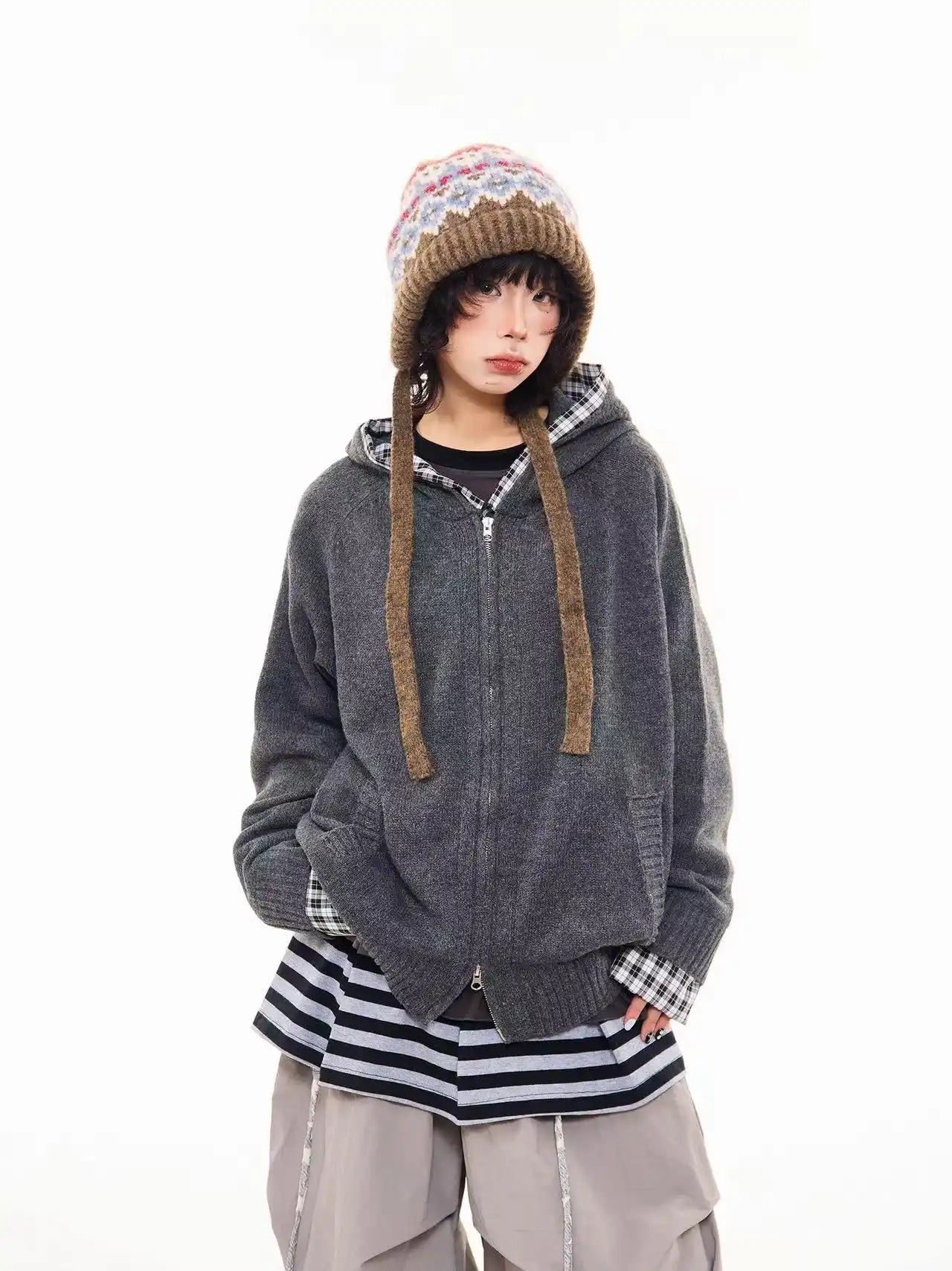 Vintage Check Patchwork Hooded Knit Jacket   OL2023