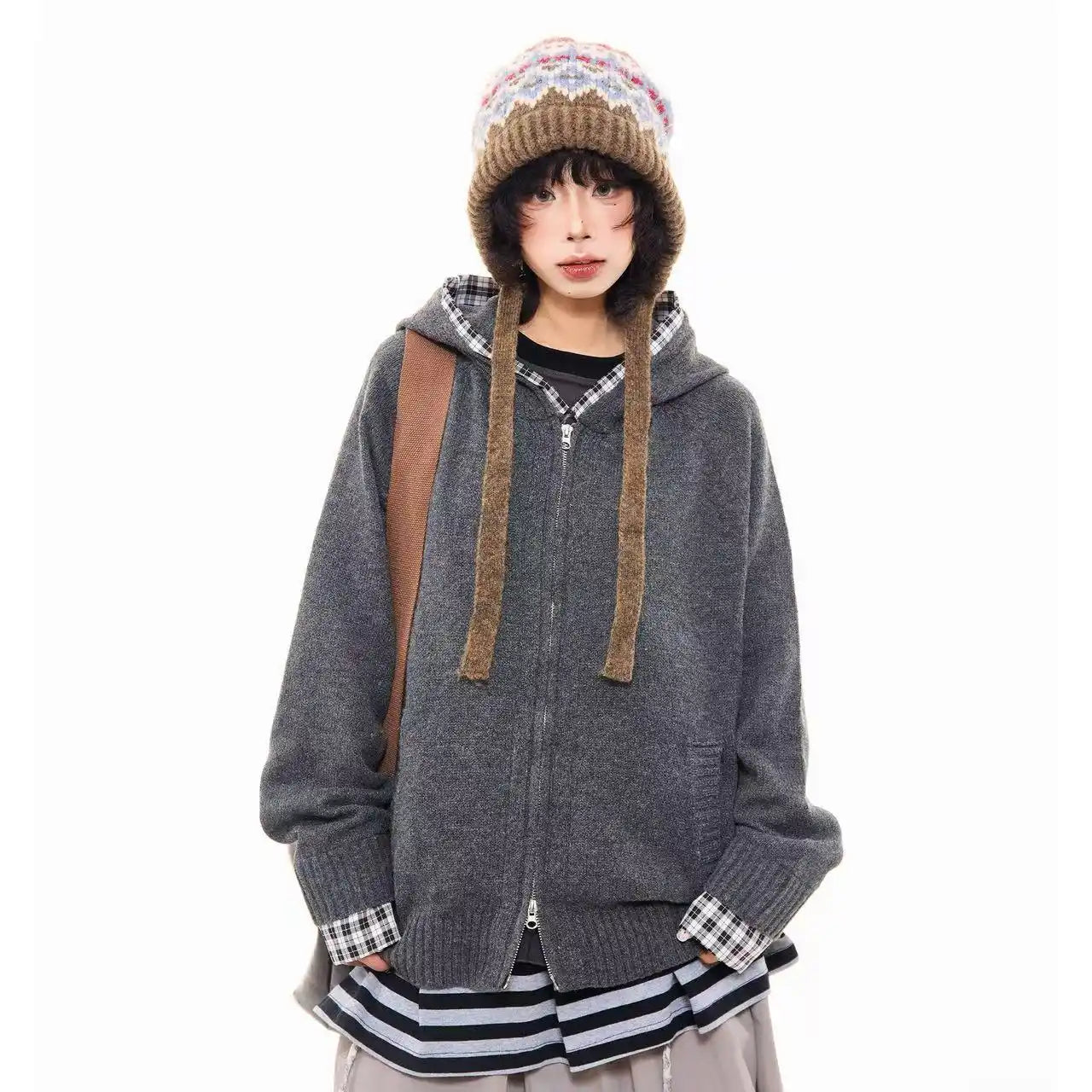 Vintage Check Patchwork Hooded Knit Jacket   OL2023