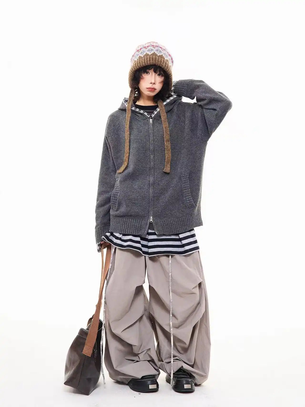 Vintage Check Patchwork Hooded Knit Jacket   OL2023