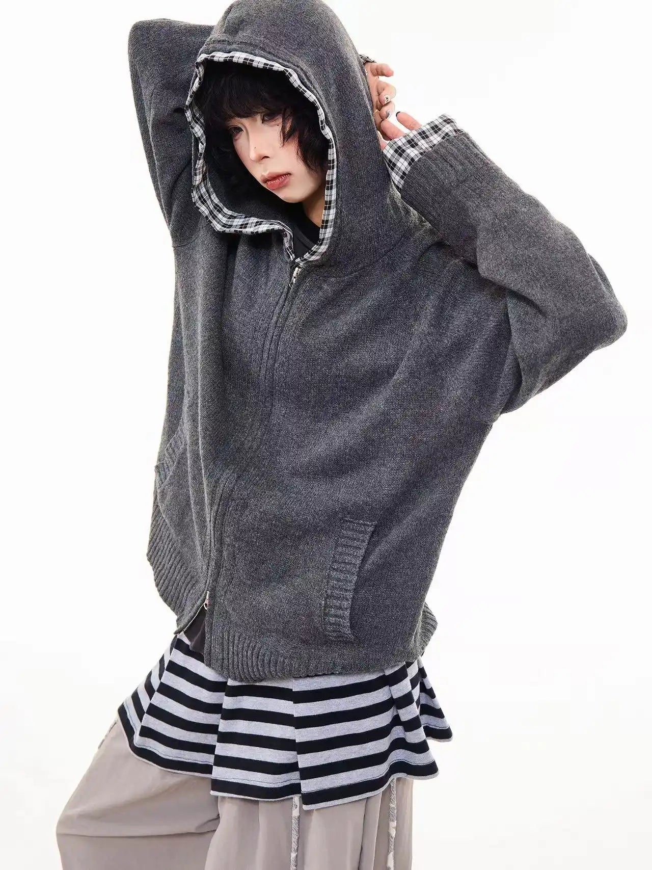 Vintage Check Patchwork Hooded Knit Jacket   OL2023