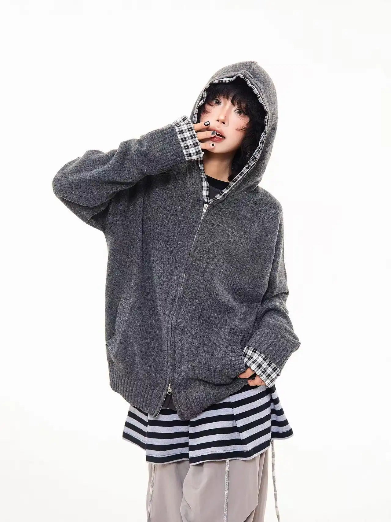 Vintage Check Patchwork Hooded Knit Jacket   OL2023