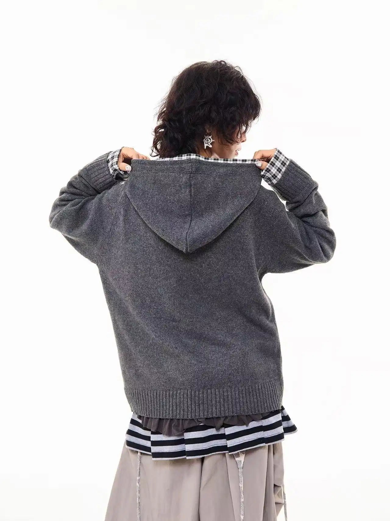 Vintage Check Patchwork Hooded Knit Jacket   OL2023