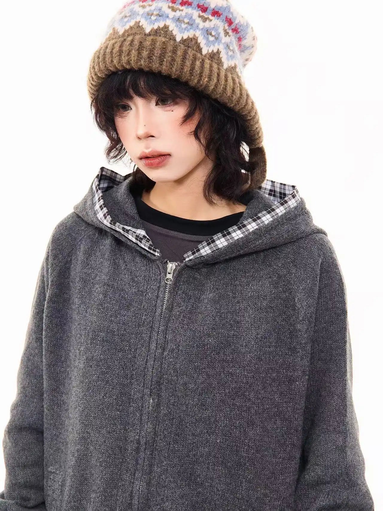 Vintage Check Patchwork Hooded Knit Jacket   OL2023