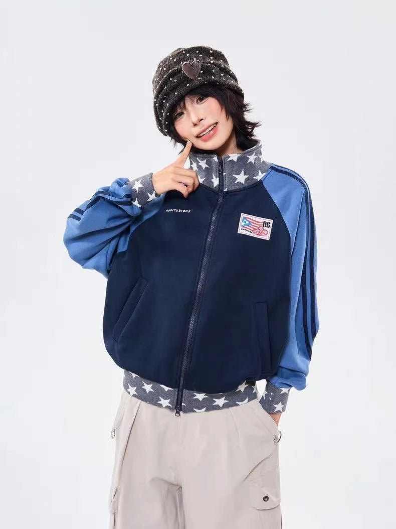 Retro Colorblock Stand Collar Zip Jacket   OL2026