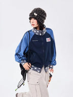 Retro Colorblock Stand Collar Zip Jacket   OL2026