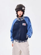 Retro Colorblock Stand Collar Zip Jacket   OL2026