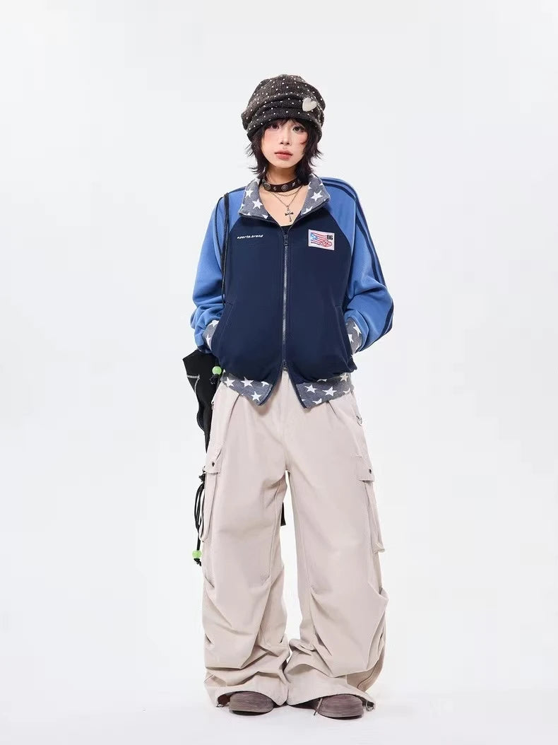 Retro Colorblock Stand Collar Zip Jacket   OL2026