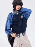 Retro Colorblock Stand Collar Zip Jacket   OL2026