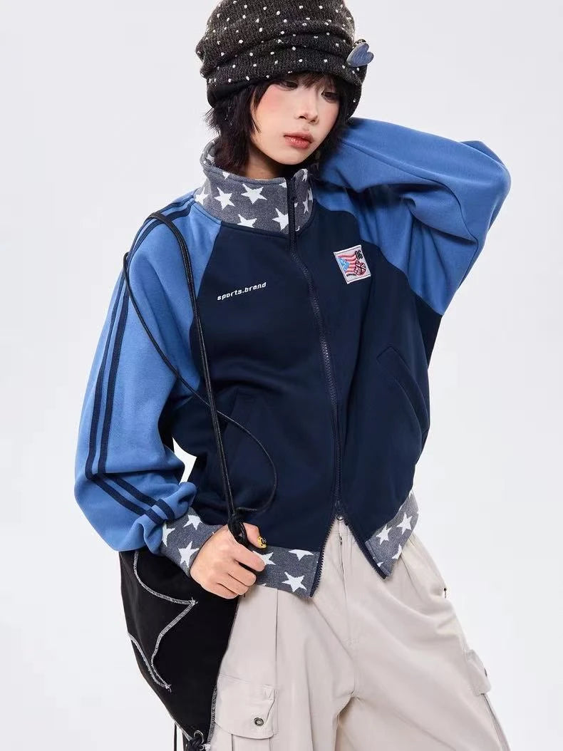 Retro Colorblock Stand Collar Zip Jacket   OL2026
