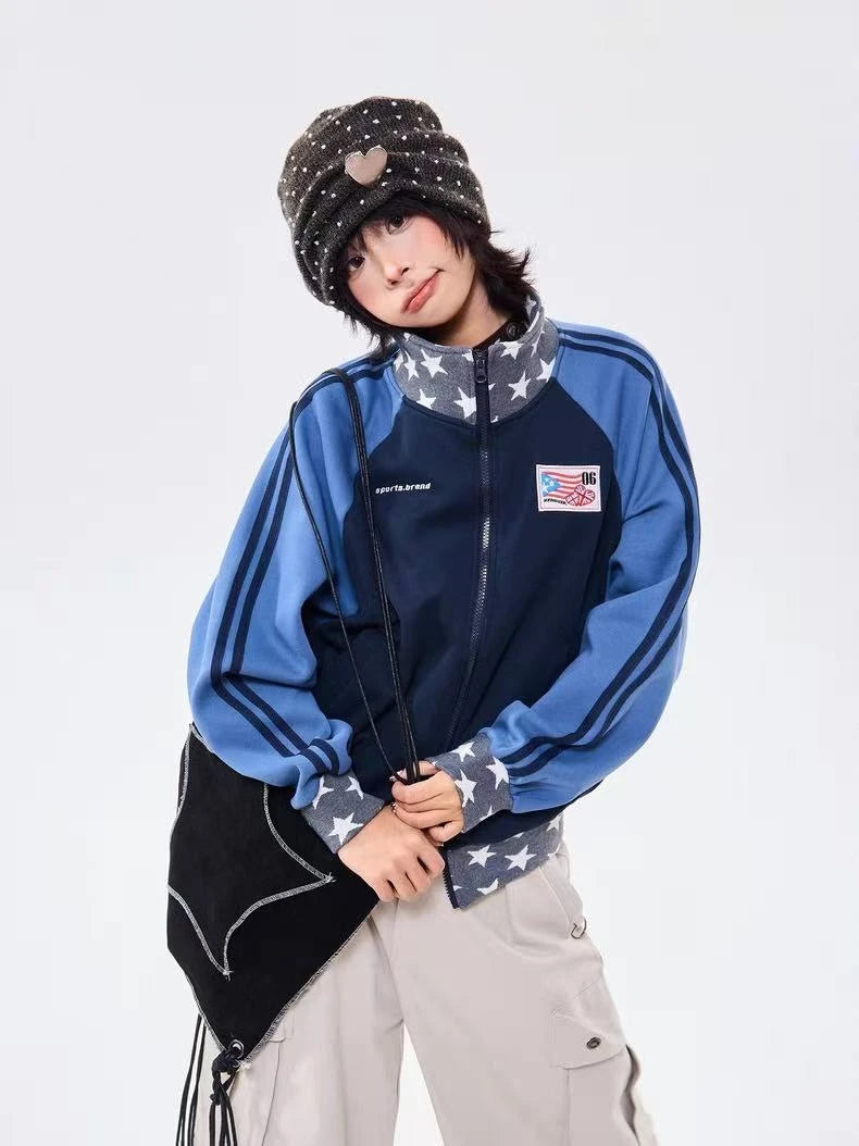 Retro Colorblock Stand Collar Zip Jacket   OL2026