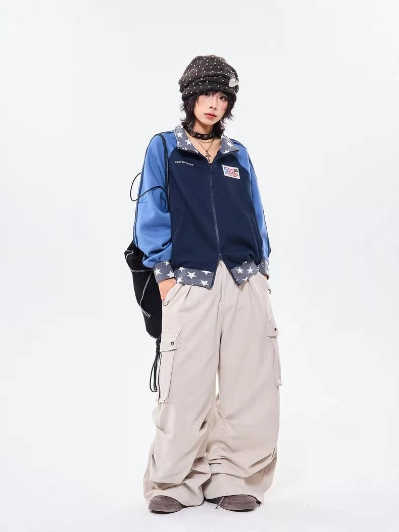 Retro Colorblock Stand Collar Zip Jacket   OL2026