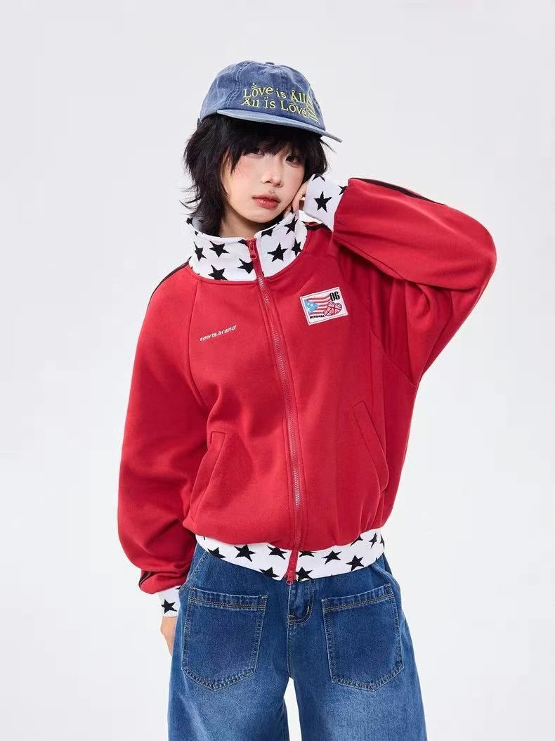 Retro Colorblock Stand Collar Zip Jacket   OL2026