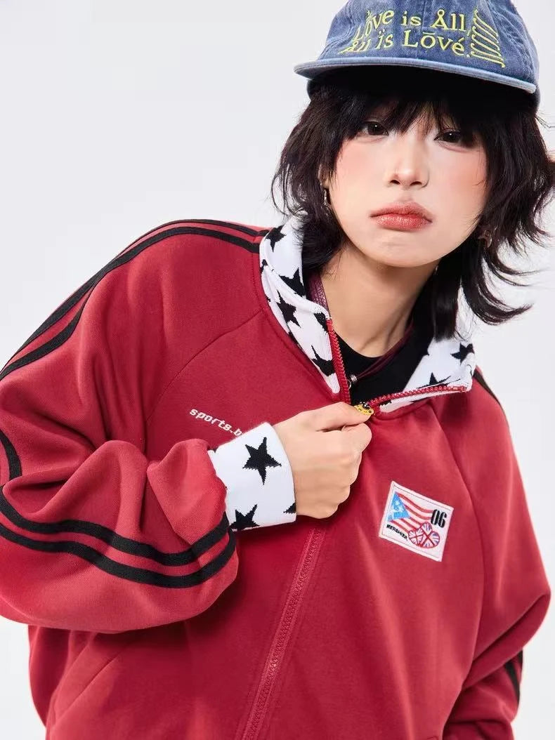 Retro Colorblock Stand Collar Zip Jacket   OL2026