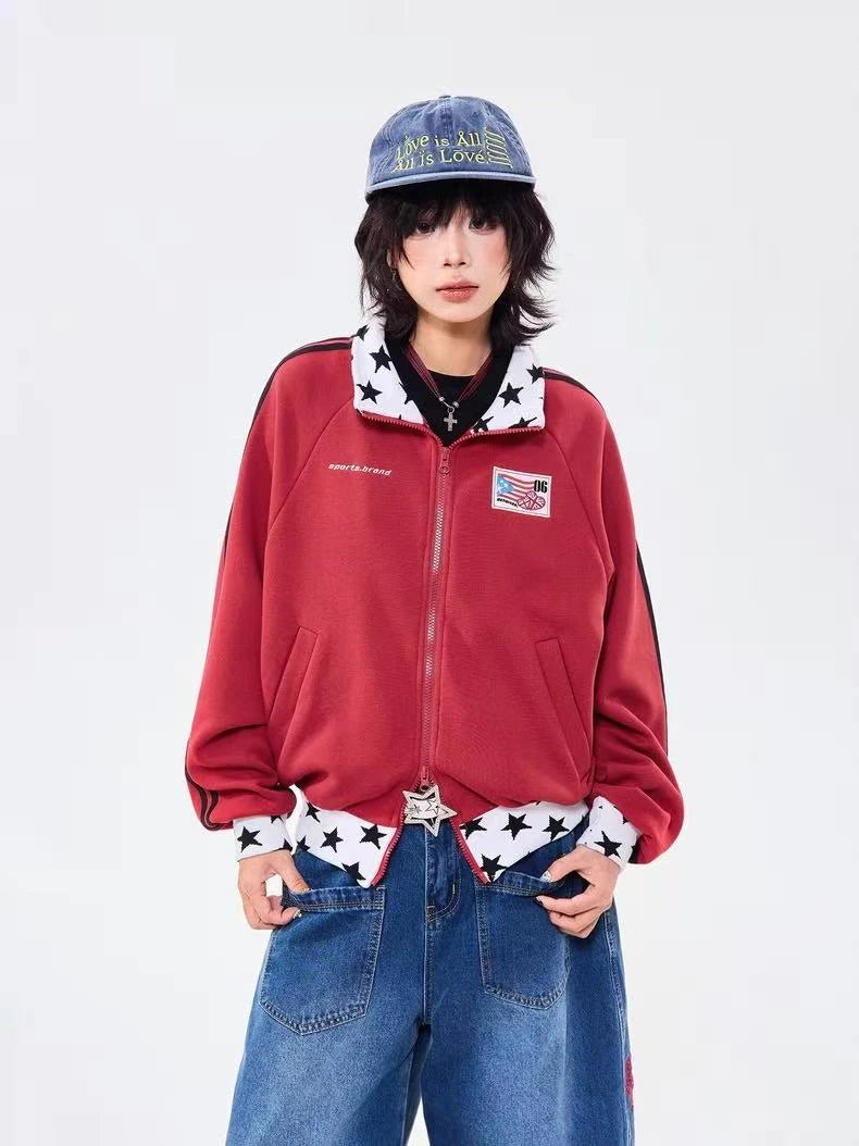 Retro Colorblock Stand Collar Zip Jacket   OL2026