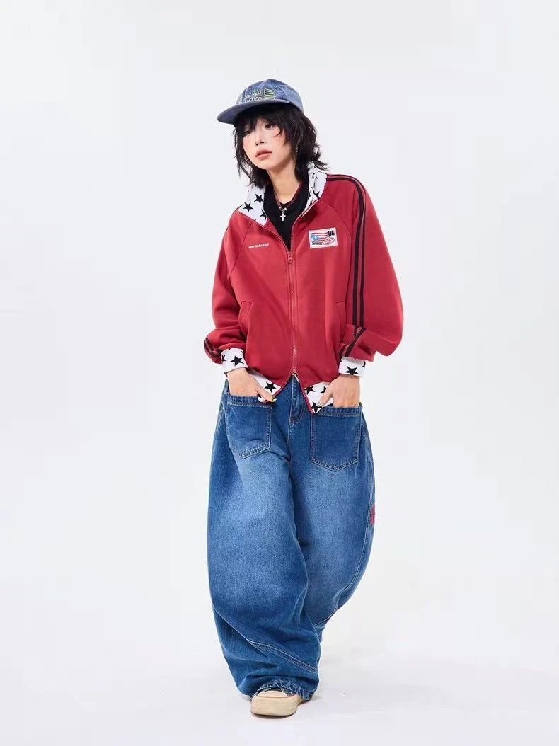 Retro Colorblock Stand Collar Zip Jacket   OL2026