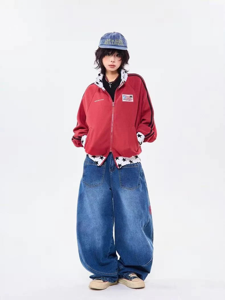 Retro Colorblock Stand Collar Zip Jacket   OL2026