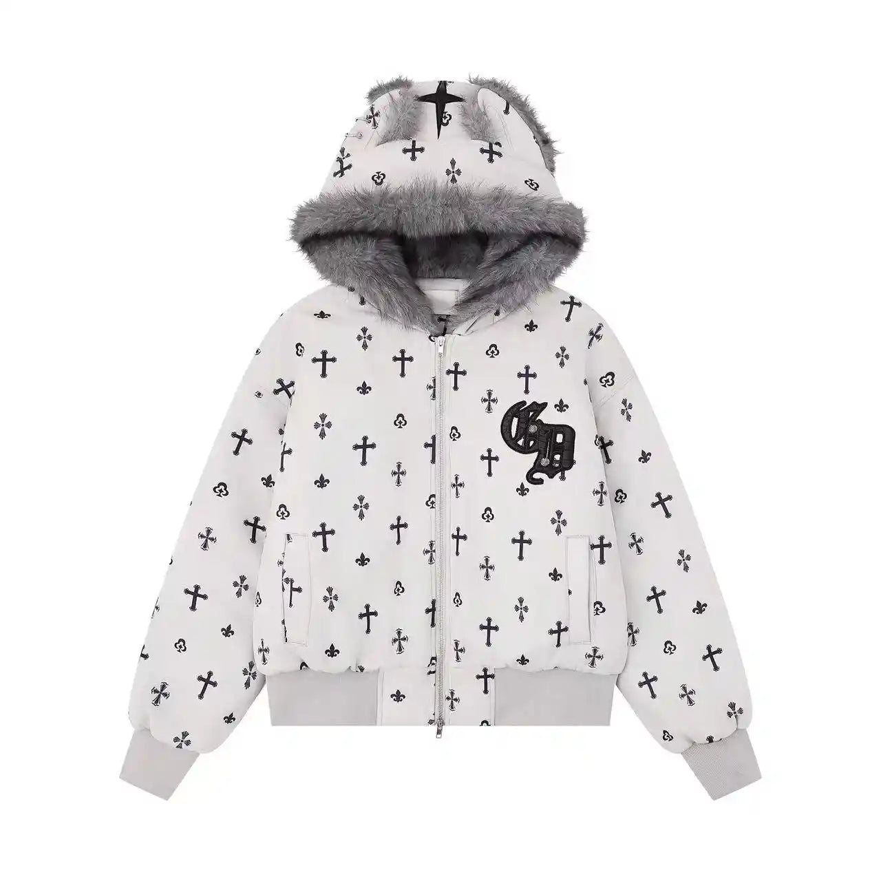 Vintage Suede Cross Faux-Fur Hooded Puffer   OL2028