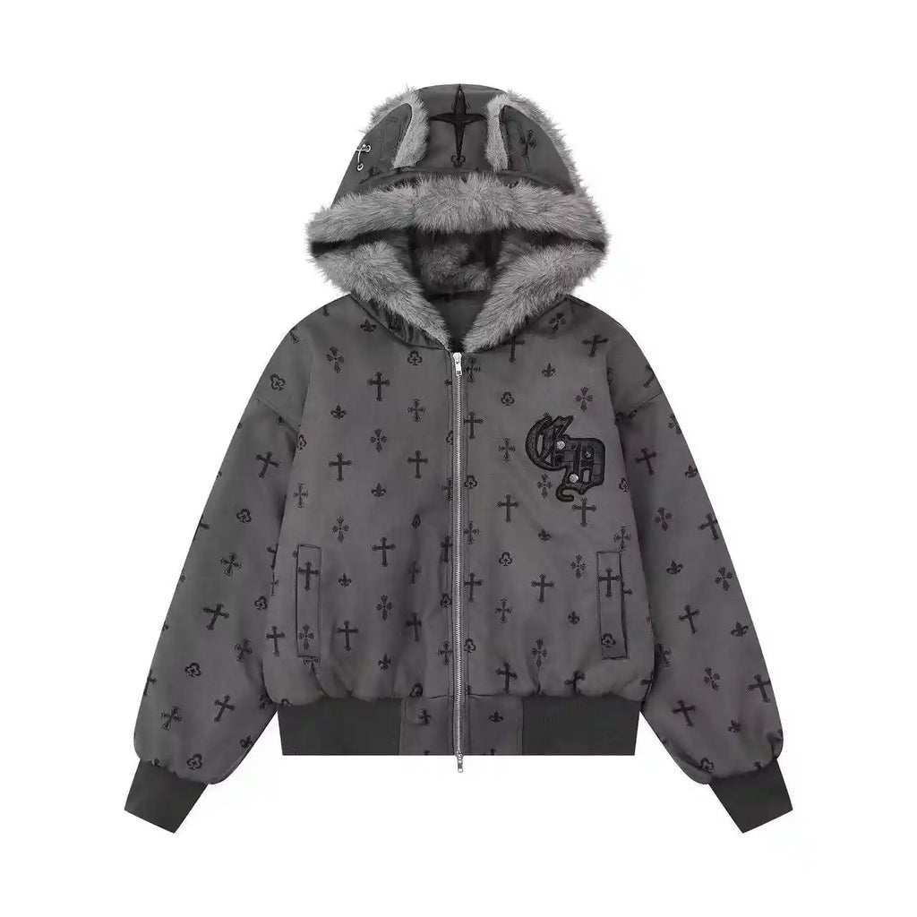 Vintage Suede Cross Faux-Fur Hooded Puffer   OL2028